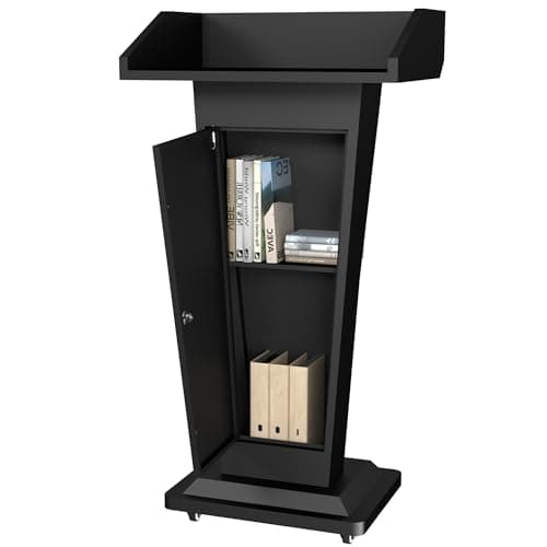 Tredre Black Metal Podium Stand with Wheels, Heavy-Duty Lecterns & Podiums with Storage, Premium Pulpits for Churches, Classrooms and Conferences, Scratch-Resistant Surface, 46.5”H