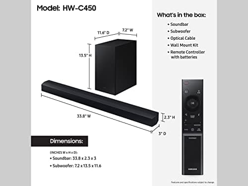 SAMSUNG HW-C450 2.1ch Soundbar w/DTS Virtual X, Subwoofer Included, Bass Boost, Adaptive Sound Lite, Game Mode, Bluetooth, Wireless Surround Sound Compatible