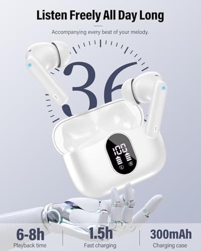 Wireless Earbuds, Bluetooth 5.4 Headphones Bass Stereo, Ear Buds with Noise Cancelling Mic, IP7 Waterproof in Ear Earphones, 36H LED Display Bluetooth Earbuds for Laptop Pad Phones Sports, White