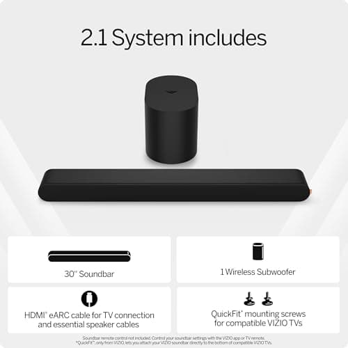 VIZIO 2.1 Soundbar, Wireless Subwoofer w/Dolby Atmos & DTS:X, Bluetooth Speaker, QuickFit™ Compatible – SV210M-08 (New, 2024 Model)