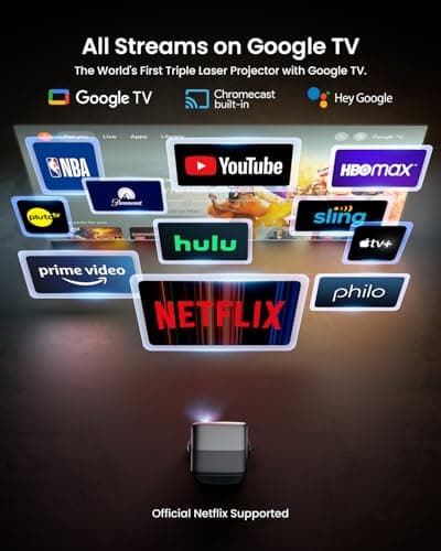 JMGO N1S Ultra 4K Triple Laser Projector with WiFi and Bluetooth, 2800 ISO Lumens, Official Netflix, GTV, 360° Sensorless Picture Correction, 300", HDR10, 20W Dolby Digital Plus, Smart and Portable