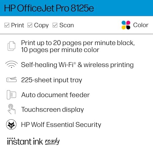 HP OfficeJet Pro 8125e Wireless All-in-One Color Inkjet Printer, Print, scan, Copy, ADF, Duplex Printing, Home & Office, 3 Months of Instant Ink Included (405T6A)