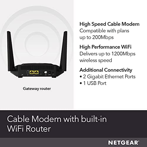 NETGEAR Cable Modem WiFi Router Combo C6220 - Compatible With All Cable Providers Including Xfinity by Comcast, Spectrum, Cox | For Cable Plans Up to 200 Mbps | AC1200 WiFi Speed | DOCSIS 3.0