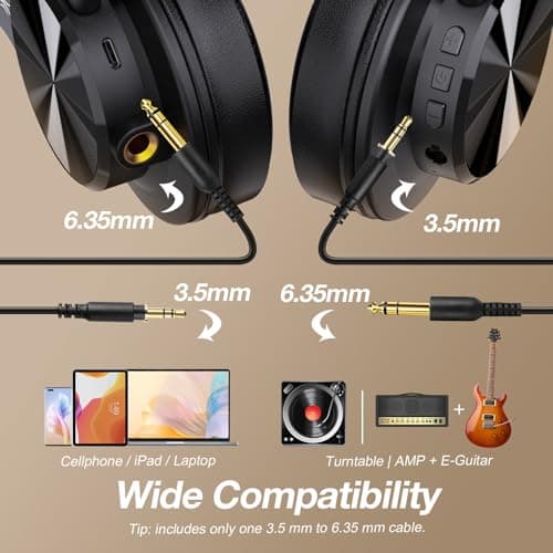 OneOdio A70 Bluetooth Over Ear Headphones, Wireless Headphones with 72H Playtime, Hi-Res, Built-in Mic, 3.5mm/6.35mm Wired Audio Jack for Studio Monitor & Mixing DJ Guitar AMP, Computer Laptop PC