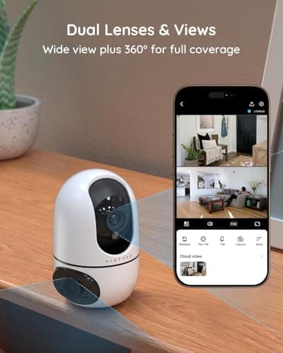 virtavo XD1 Indoor Security WiFi Camera, Wireless, Dual-Lens 360° PTZ Baby Monitor & Pet Cam, Motion Tracking, 2-Way Audio, Night Vision, Cloud/SD Storage, Phone App