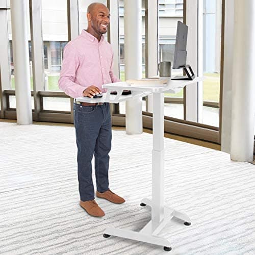 Stand Steady Cruizer Premier Electric Mobile Podium Desk with Keyboard Tray | Sit or Stand Height Adjustable Portable Standing Desk with Wheels | Portable Podium with Programmable Control Pad (White)