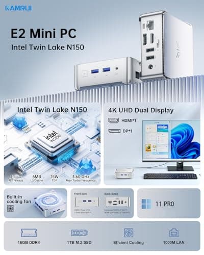 KAMRUI E2 Mini PC, 12th Gen Alder Lake- N97(up to 3.6GHz), 16GB DDR4 RAM 1TB M.2 SSD, Mini Computer Support 4K Display/USB3.0/WiFi/BT/Gigabit Ethernet Mini PC Home/Office