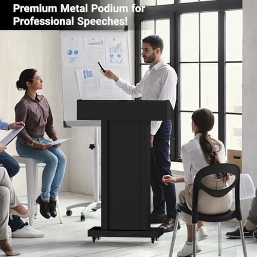 GARVIN Podium Stand with 4 Lockable Wheels, Heavy-Duty Metal Lecterns & Podiums with Hidden Storage, 46.5”H Portable Pulpit for Church, School, Office and Conference, Black