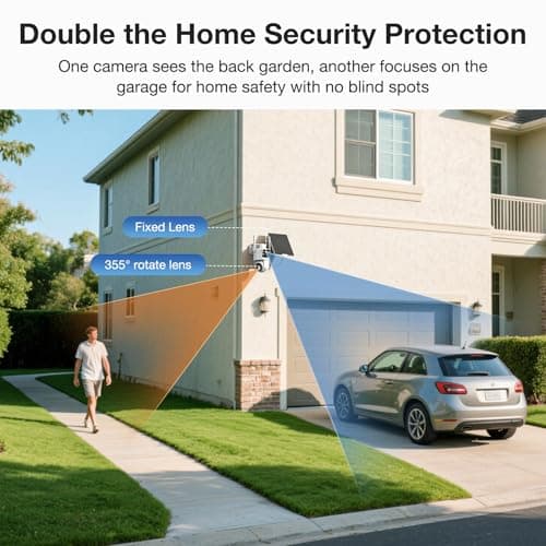 Dual Lens Solar Security Cameras Wireless Outdoor, 2K Full HD Video, 360° View Pan/Tilt Home Security Camera with Color Night Vision, Easy to Install, PIR Alarm, 2.4GHz WiFi
