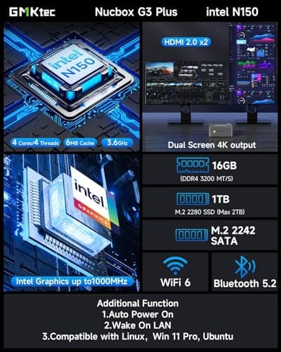 GMKtec Mini PC Intel N150 (Turbo 3.6GHz) 16GB DDR4 1TB PCIe M.2 NVMe SSD, Intel i226-V Desktop Computer 4K Dual HDMI Display/4x USB3.2/WiFi 6/BT5.2/RJ45 Ethernet Nucbox G3 Plus