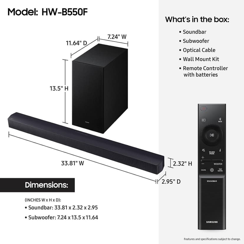 SAMSUNG B-Series Soundbar HW-B550F 2.1 ch DTS Virtual:X Soundbar with Subwoofer (2025 Model) Voice Enhance Mode, Bass Boost, Adaptive Sound