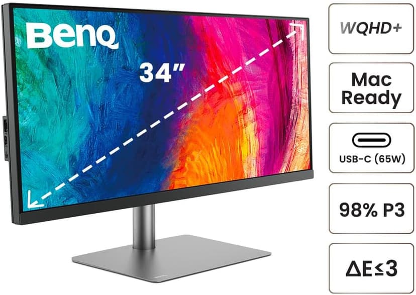 BenQ PD3420Q Ultrawide Creator Monitor for Macbook 34" WQHD 1440p | 100% Rec.709 & sRGB, 98% P3 | IPS | DeltaE ≤3 | Pantone | AQCOLOR | KVM | Calibration Report | Erognomic | USB-C (65W) | USB Hub