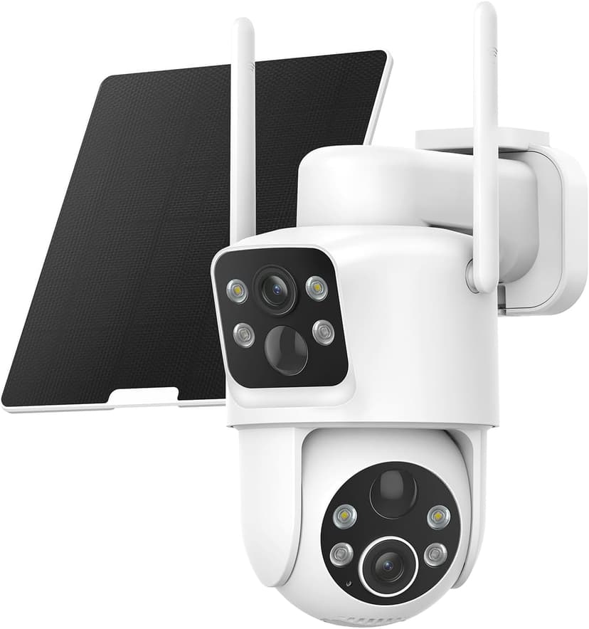 Dual Lens Solar Security Cameras Wireless Outdoor, 2K Full HD Video, 360° View Pan/Tilt Home Security Camera with Color Night Vision, Easy to Install, PIR Alarm, 2.4GHz WiFi