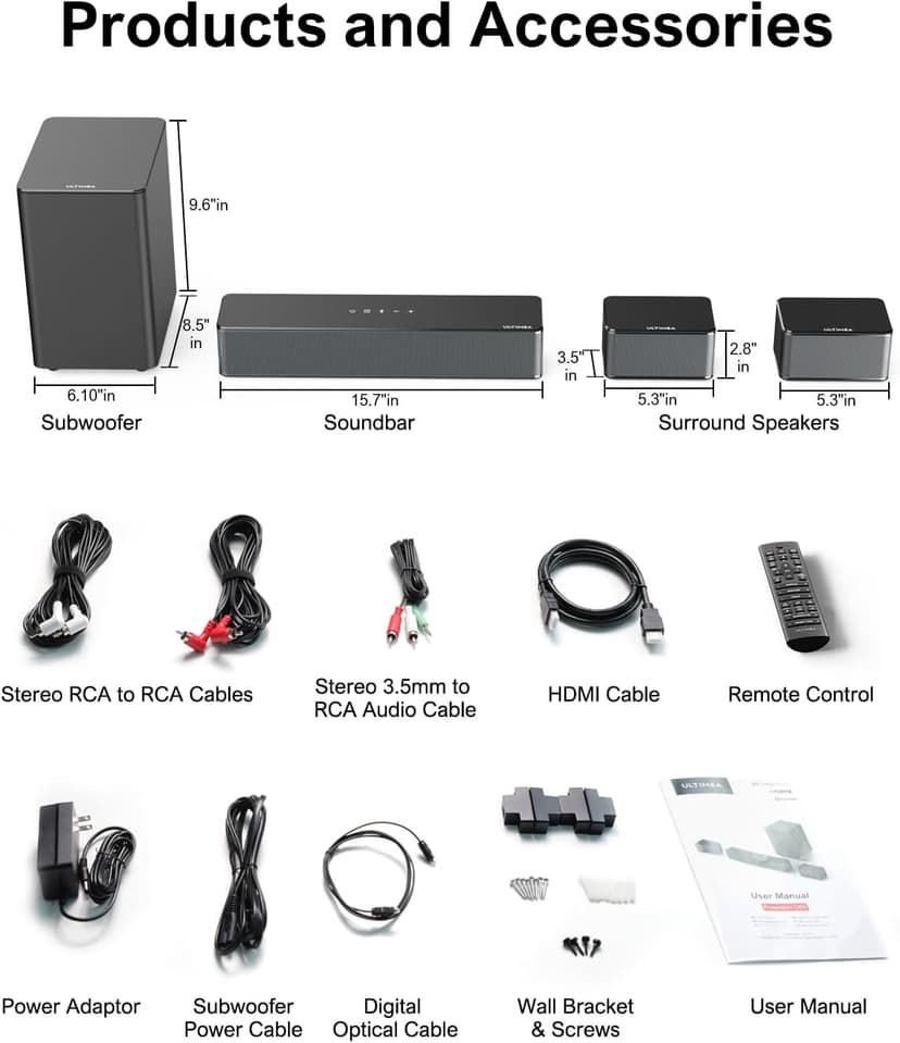 ULTIMEA 5.1 Virtual Surround Sound Bar, 320W Home Theater Surround System with Adjustable Speakers & Subwoofer, TV Speaker Soundbar, Sound Bar for Smart TV, Bluetooth 5.3, Easy Setup, Poseidon D50