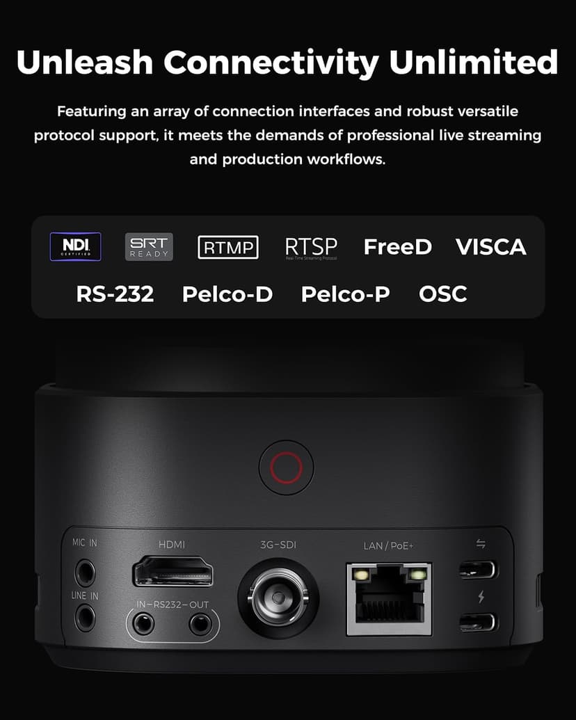 OBSBOT Tail 2 PTZR NDI Camera 4K@60FPS, Pro AI Tracking, 1/1.5" CMOS, 50MP, 5X Optical Zoom, 12X Hybrid Zoom, SDI/HDMI/IP/USB 3.0 Output, Live Streaming for Education, Conference, Worship, Live Events
