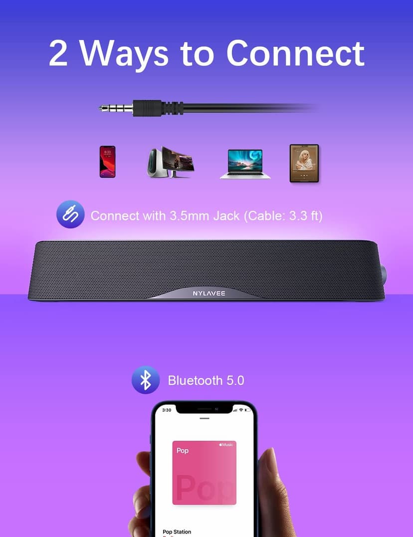 Computer Speakers, HiFi Sound Quality Computer Sound Bar, USB Powered PC Speakers, Bluetooth 5.0 and 3.5mm Aux-in Computer Speakers for Desktop, Laptops, PCs, Phones, Tablets, Xbox, Gaming Speakers