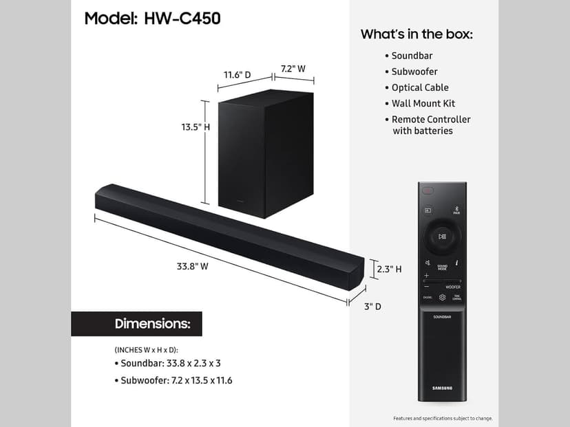 SAMSUNG HW-C450 2.1ch Soundbar w/DTS Virtual X, Subwoofer Included, Bass Boost, Adaptive Sound Lite, Game Mode, Bluetooth, Wireless Surround Sound Compatible
