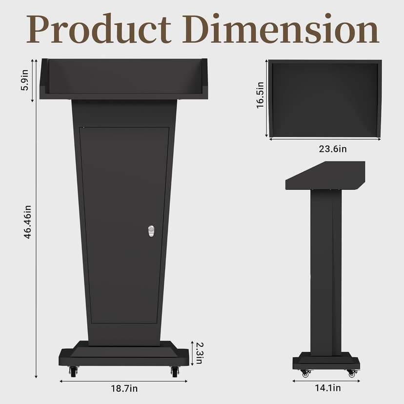 Heavy-Duty Black Metal Podium Stand with Lockable Wheels | Mobile Lectern with Storage Cabinet & Adjustable Height | for Conference Rooms, Churches, Classrooms & Events