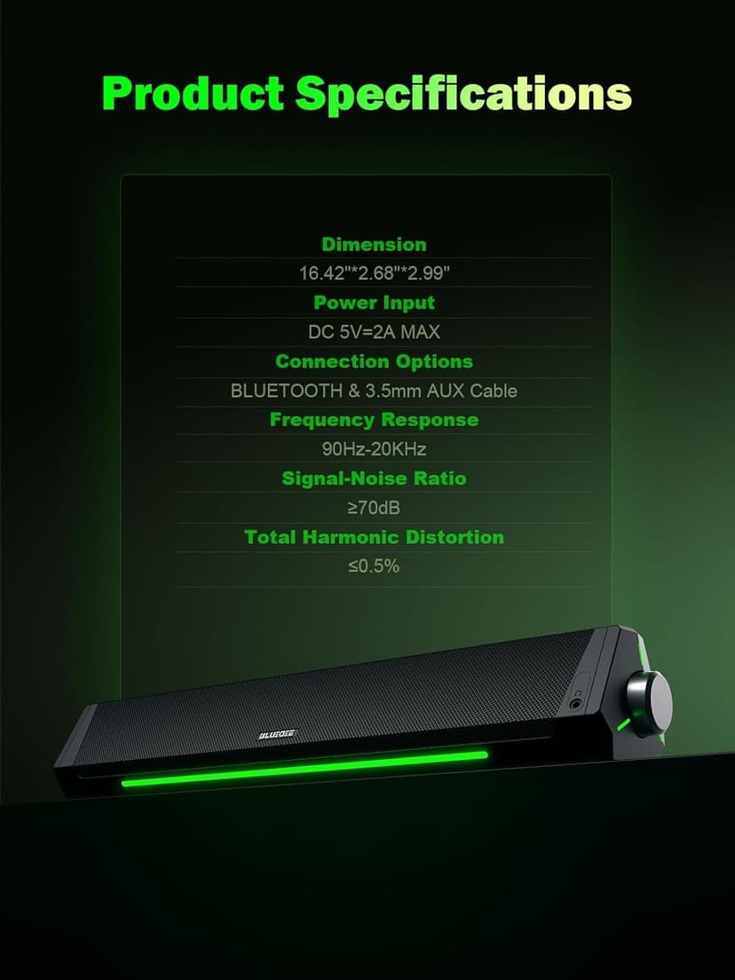 BLUEDEE Computer Speakers, Bluetooth Soundbar, HiFi Stereo, 3.5mm Aux-in Connection, USB Powered Speakers for Desktop Monitor, PC, Laptop, Tablets