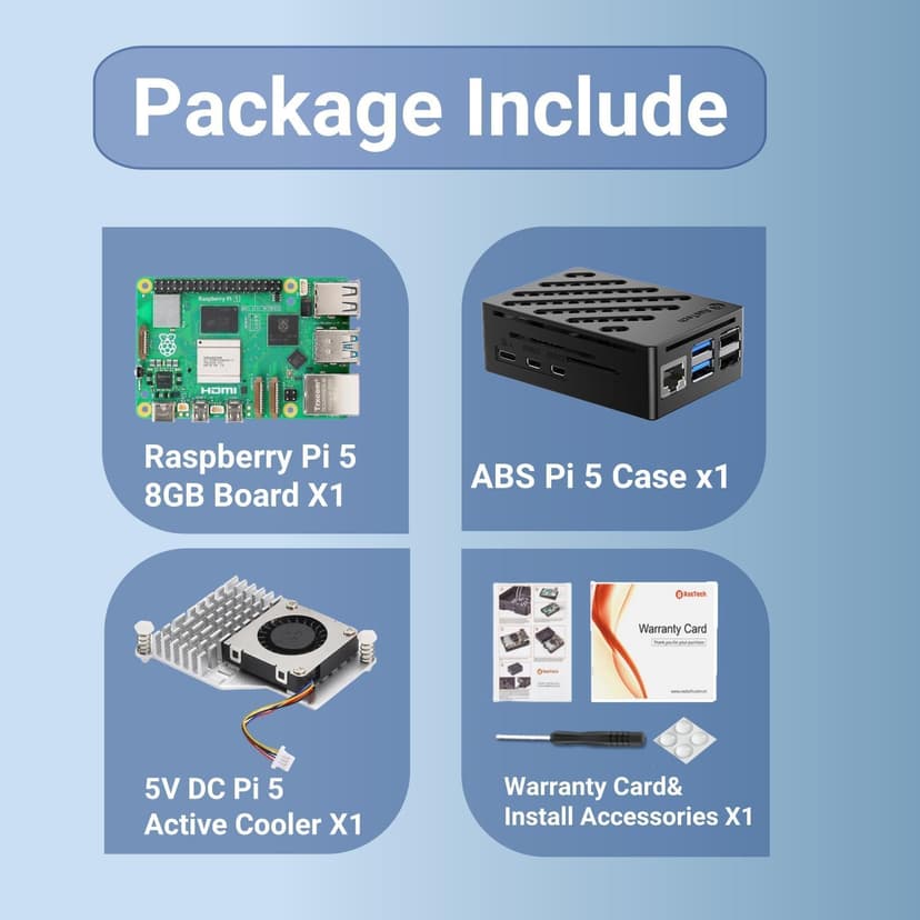 RasTech Raspberry Pi 5 Kit 8GB RAM with Pi 5 Case,Active Cooler,Screwdrive and Raspberry Pi 5 8GB Board Included
