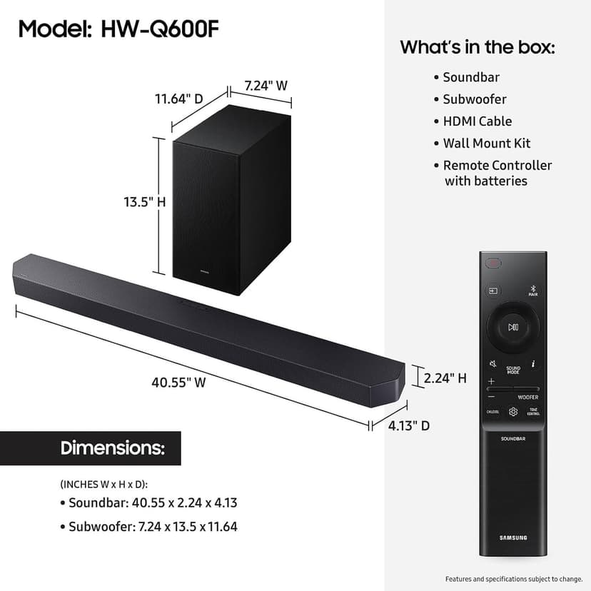 SAMSUNG Q-Series Soundbar HW Q600F 3.1.2 ch Subwoofer (2025 Model) SpaceFit Sound Pro, Q-Symphony, Adaptive Sound