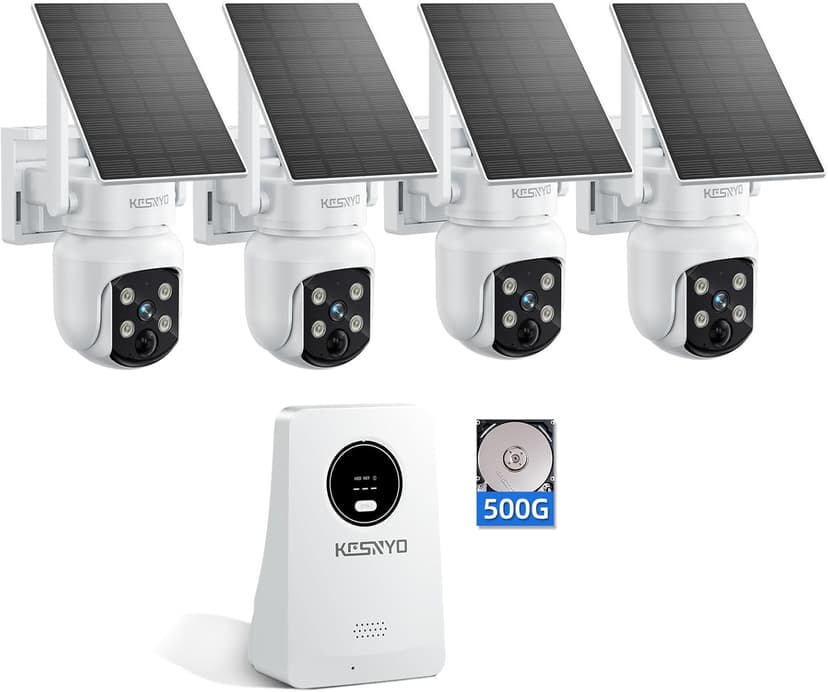 Solar Security Cameras Wireless Outdoor, 4MP Solar Powered, 4 Cam kit, Color Night Vision, 360° PTZ, 500G HDD Local Recording, No Monthly Fees
