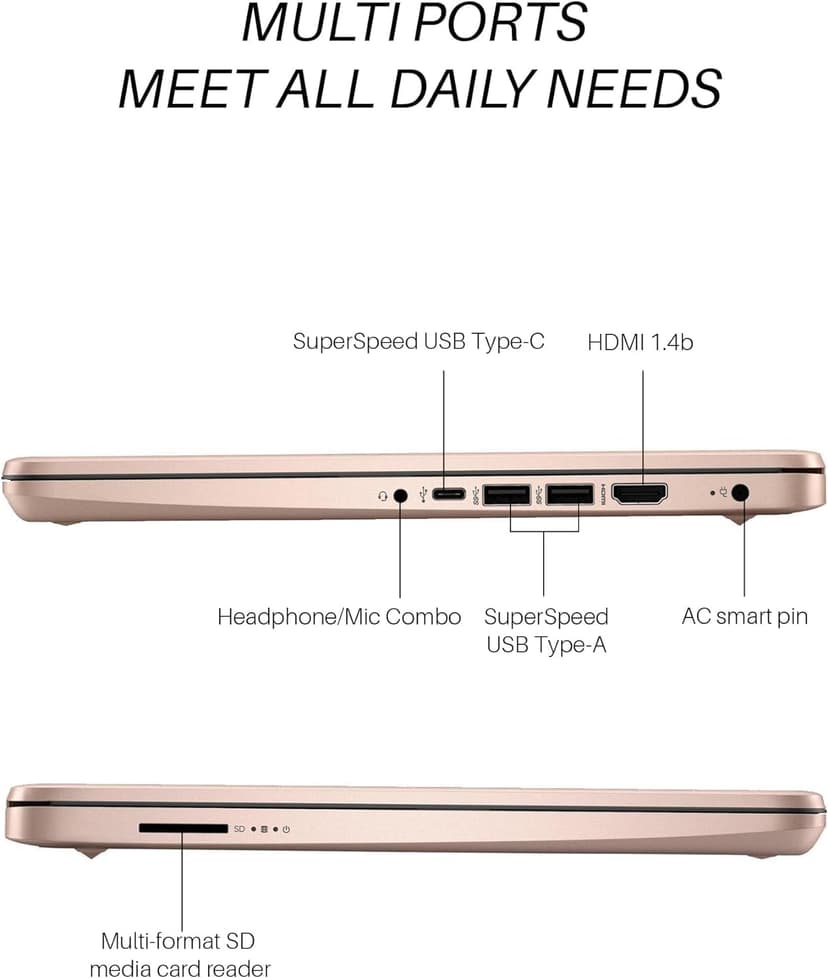 HP 14" Laptop for Student Business, Intel Quad-Core N4120, 8GB RAM + 384GB Storage (128GB eMMC+256GB MSD), Long Battery Life, Wi-Fi, HDMI, 1-Year Office 365 & Windows 11 S, Designed Mouse, Rose Gold