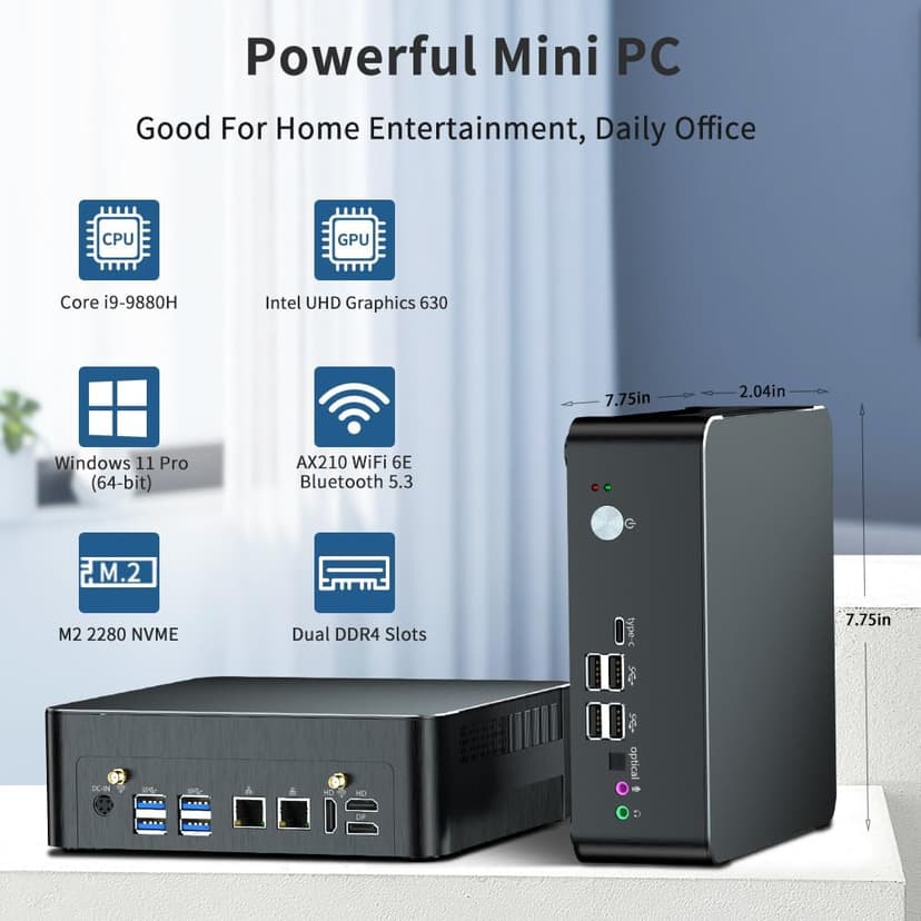 msecore Mini PC i9, 64GB RAM 1T SSD Desktop Computer with Core i9-9880H (Upto 4.8GHz), 2*HDMI, 1*DP, Triple Display, 4K@60Hz, Dual 2.5G LAN, Optical, USB-C, Wi-Fi 6E, Bluetooth 5.3, Windows 11 Pro