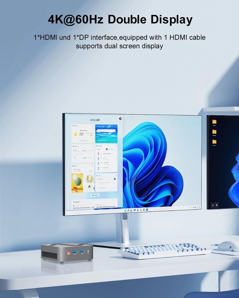 Mini PC W-11, Mini-PC with Intel CPU N150(up to 3.6GHz), 16 GB DDR4 RAM 512 GB M.2 SSD Micro Gaming PC, 4K Dual Display, HDMI 2.0/DP, USB 3.0/WiFi 5/BT 5, Fit Office Home School