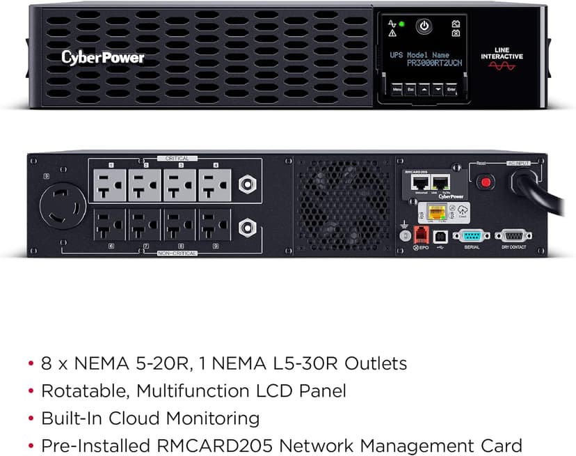 CyberPower PR3000RT2UCN Smart App Sinewave UPS System, 3000VA/3000W, 8 Outlets, 2U Rack/Tower, AVR, RMCARD205 Pre-Installed, Built-in cloud monitoring