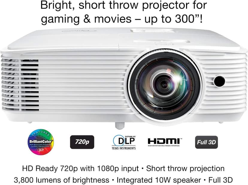 Optoma GT780 Short Throw Projector for Gaming & Movies | HD Ready 720p + 1080p Support | Bright 3800 Lumens for Lights-on Viewing | 3D-Compatible | Speaker Built In