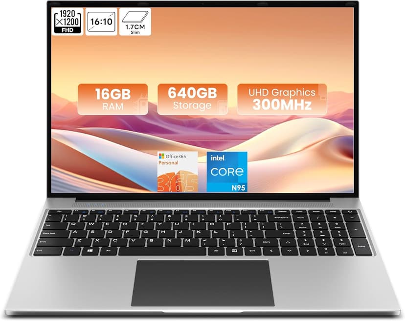 jumper 16 Inch Laptop, 4-Core N95 Processor, Up to 3.4Ghz, 16GB RAM, 640GB Storage,1200p FHD IPS Display, Windows 11 Computer, Office 365 1-Year Subscription, WiFi-6, 38Wh Battery.
