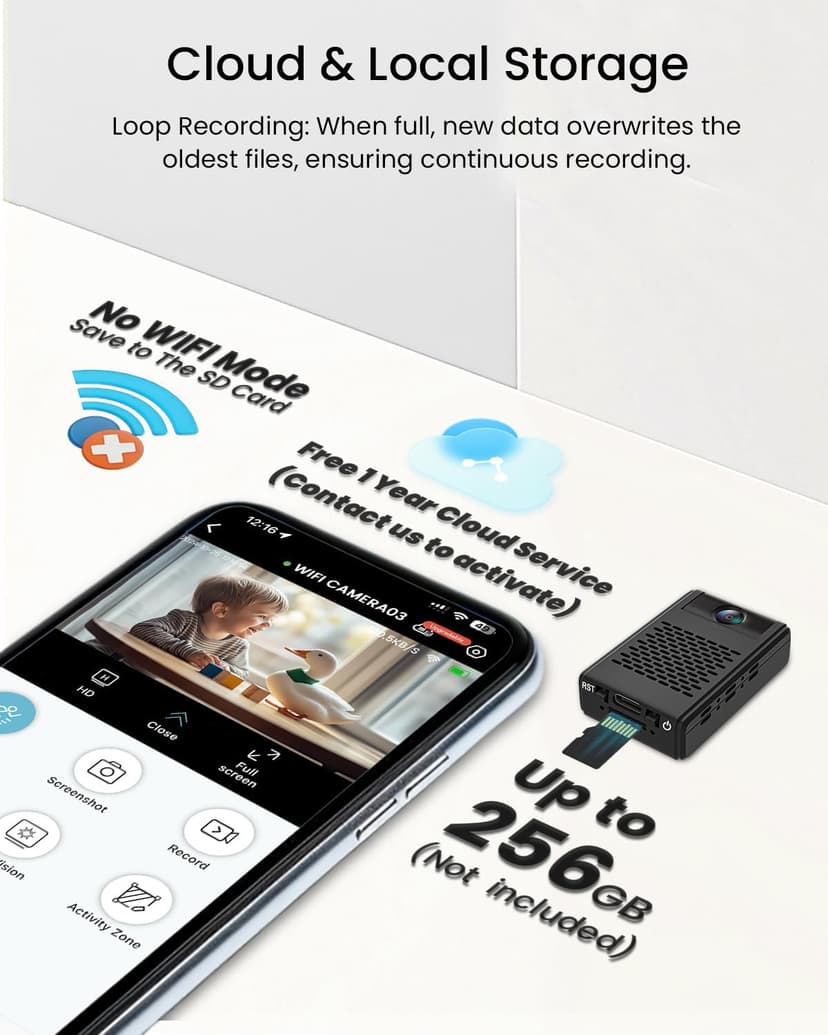 Mini Security Camera, Nanny Cam with 180°Rotating Lens, Free Cloud & SD Storage, 4K WiFi Wireless Surveillance, No WiFi Recording, Motion Detection, Auto Night Vision