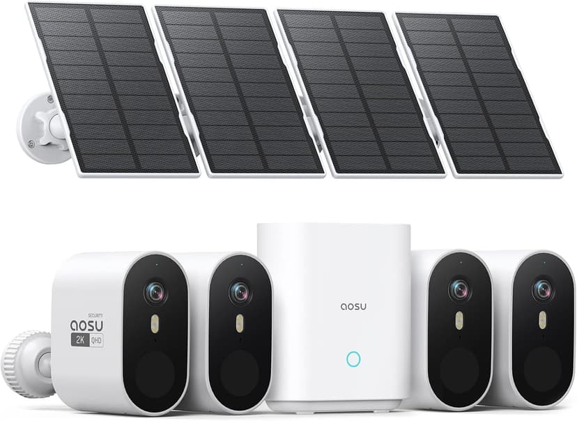 AOSU Solar Security Cameras Wireless Outdoor, 2K QHD Home Security System, 4-Cam Kit with 166° Ultra-Wide View, Cam-to-Cam Sync, 32GB Homebase Local Storage, Color Night Vision, No Monthly Fee