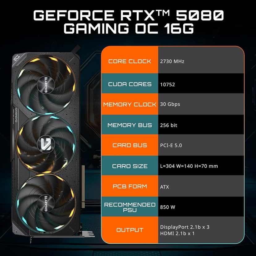 GIGABYTE GeForce RTX 5080 Gaming OC 16G Graphics Card, WINDFORCE Cooling System, 16GB 256-bit GDDR7, GV-N5080GAMING OC-16GD Video Card