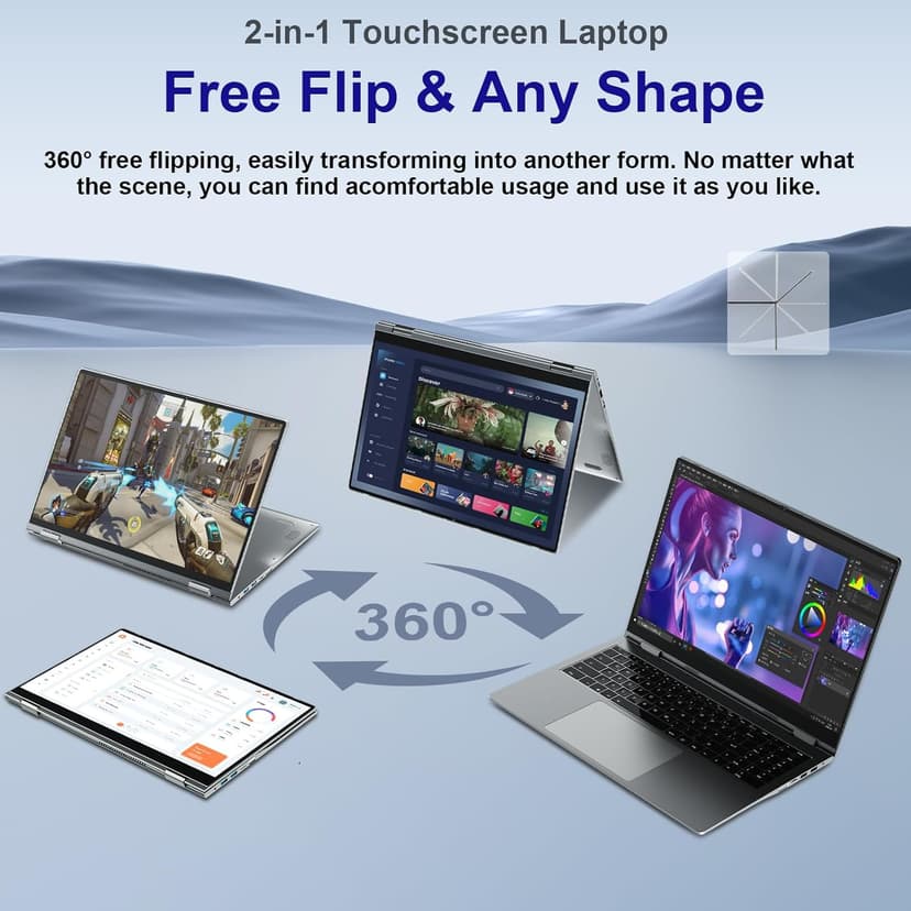 jumper Laptop 16 inch, Convertible Laptop with 1 Year Office 365, 16GB DDR4 640GB Storage, 360 Degree Rotation, Fingerprint Reader, Backlit Keyboard, Celeron N5095, 53.2WH, Type-C Full Function ﻿