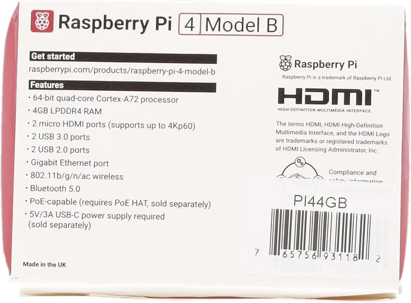Raspberry Pi 4 Model B 2019 Quad Core 64 Bit WiFi Bluetooth (4GB)