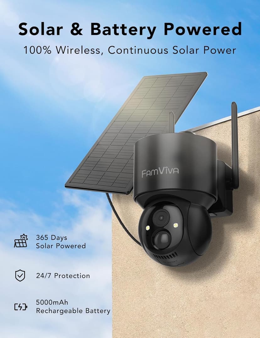 2K Solar Security Cameras Wireless Outdoor, 360°PTZ Battery Powered Cameras for Home Security, 2.4G WiFi Outdoor Camera with Color Night Vision, IP66 Waterproof, Motion Sensor Alarm, Black，2Pack
