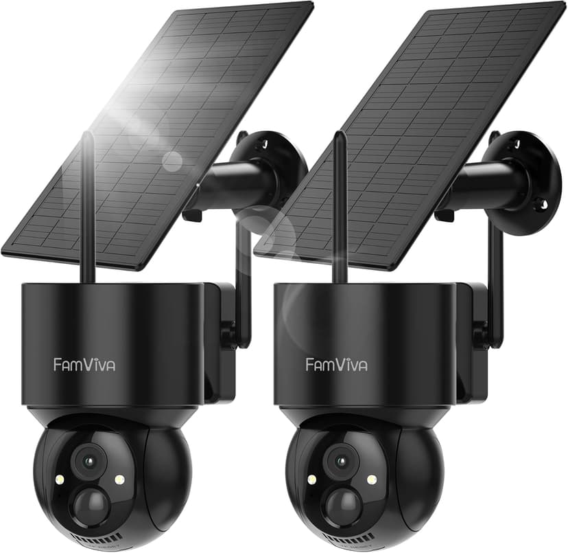 2K Solar Security Cameras Wireless Outdoor, 360°PTZ Battery Powered Cameras for Home Security, 2.4G WiFi Outdoor Camera with Color Night Vision, IP66 Waterproof, Motion Sensor Alarm, Black，2Pack