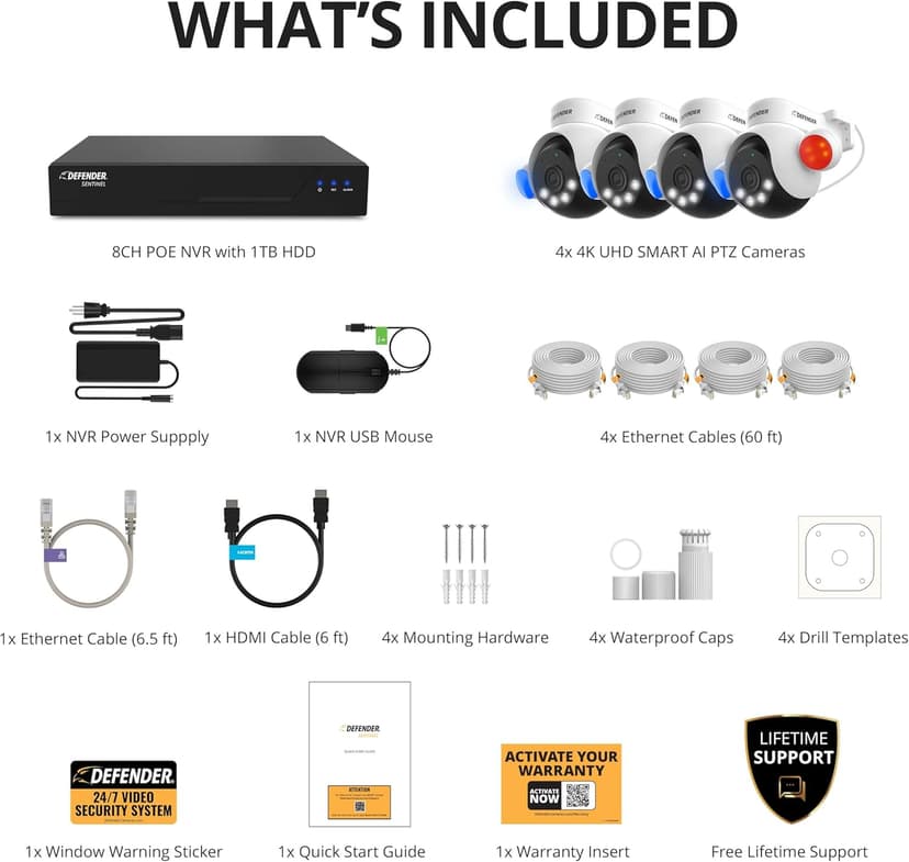 Defender AI Powered Sentinel 4K Wired Security Camera System, 360° PTZ Security Camera System with AI Tracking, Smart Human Detection, Blue-Red Light Deterrence, and Color Night Vision | 4 Cameras 1TB