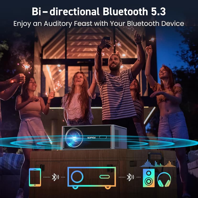 [Electric Focus/Auto Keystone] Projector with WiFi and Bluetooth, 650 ANSI Native 1080P 4K Support Outdoor Movie Projectors Max 450" Display, SOPYOU Home Theater Projector for iOS/Android/TV Stick