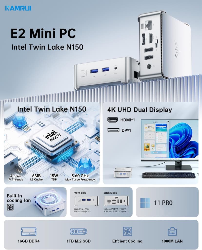 KAMRUI E2 Mini PC, 12th Gen Alder Lake- N97(up to 3.6GHz), 16GB DDR4 RAM 1TB M.2 SSD, Mini Computer Support 4K Display/USB3.0/WiFi/BT/Gigabit Ethernet Mini PC Home/Office