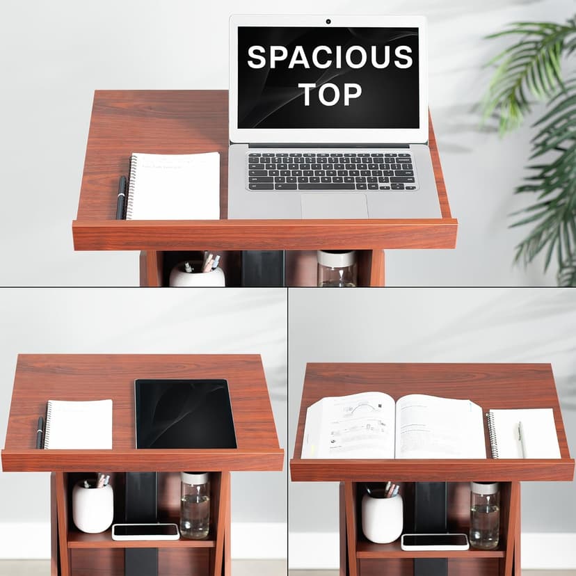 VIVO Pneumatic Height Adjustable Podium, Professional Presentation Lectern with 24 inch Platform and Storage Shelves, Dark Walnut, Stand-PDMH