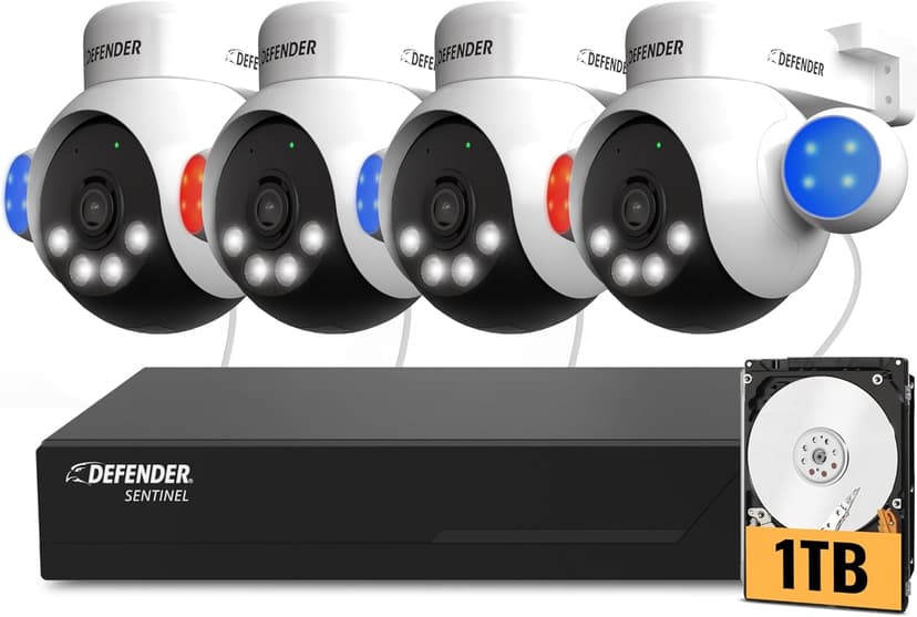 Defender AI Powered Sentinel 4K Wired Security Camera System, 360° PTZ Security Camera System with AI Tracking, Smart Human Detection, Blue-Red Light Deterrence, and Color Night Vision | 4 Cameras 1TB