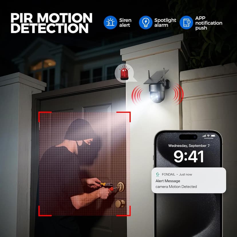 Solar Security Cameras Wireless Outdoor, 2K 360° View Cameras for Home Security, Color Night Vision, AI & PIR Motion Detection, 2-Way Audio, Spotlight Siren Alarm, IP65, SD/Cloud Storage