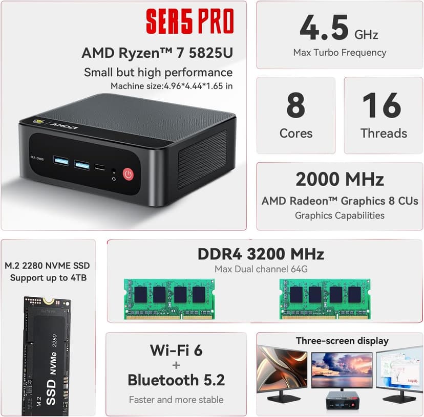Beelink SER5 Mini PC, AMD Ryzen 7 5825U(Up to 4.5GHz) 8C/16T, Mini Desktop Computer 32GB DDR4 RAM 500GB NVMe SSD, Mini Gaming PC 4K@60Hz Output/BT5.2/WiFi 6 for Office/Gaming/Home