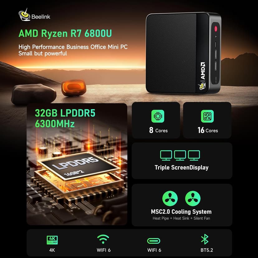 Beelink Mini PC, AMD Ryzen 7 6800U(up to 4.7GHz), 32GB LPDDR5 1TB PCIe4.0, Radeon 680M Graphics Triple 4K Display, Wi-Fi 6/BT5.2, Office Mini Desktop Computer