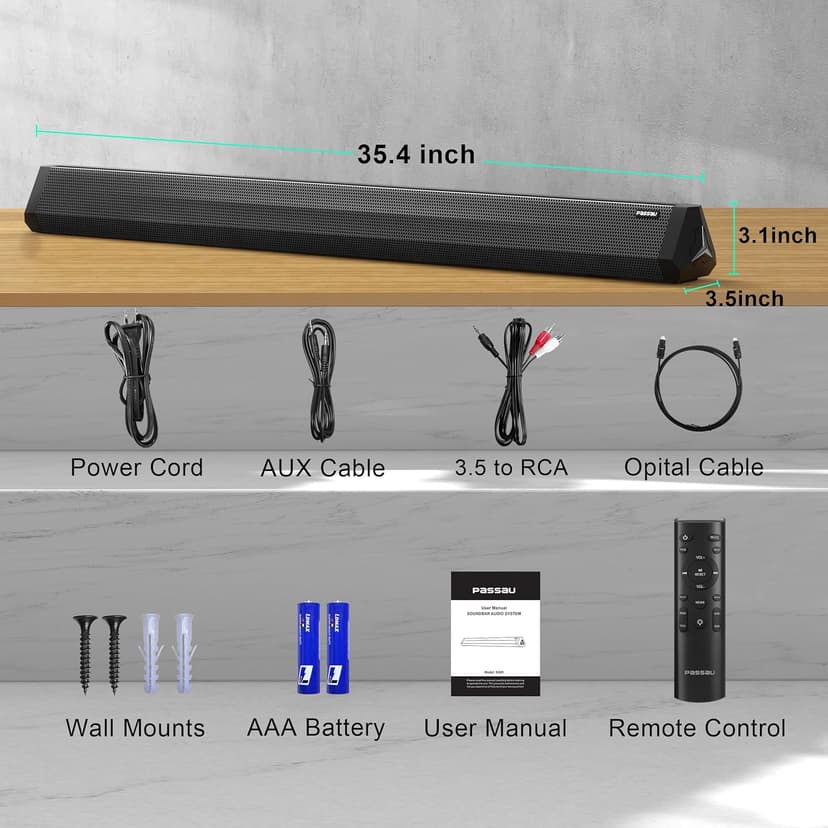 Passau Sound Bar 35 Inch Soundbar for Smart TV Speaker with LED Display, Bluetooth 5.3, Opt/USB/AUX Connectivity, 3 DSP Mode 60W Soundbar for Home Theater Audio PC Gaming Projector -35 Inch