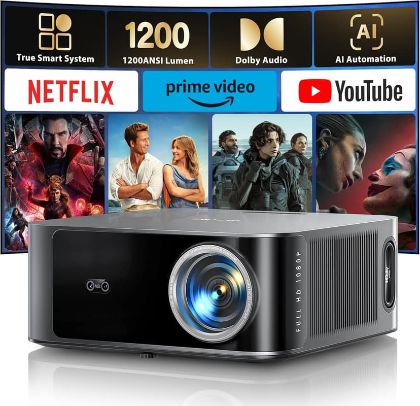 [1200 ANSI/Netflix-Licensed/36W Dolby Audio] Smart Projector with WiFi 6 and 2-Way Bluetooth, Auto Focus & Keystone, TOPTRO X9 4K Supported Outdoor Movie Projector, Gray