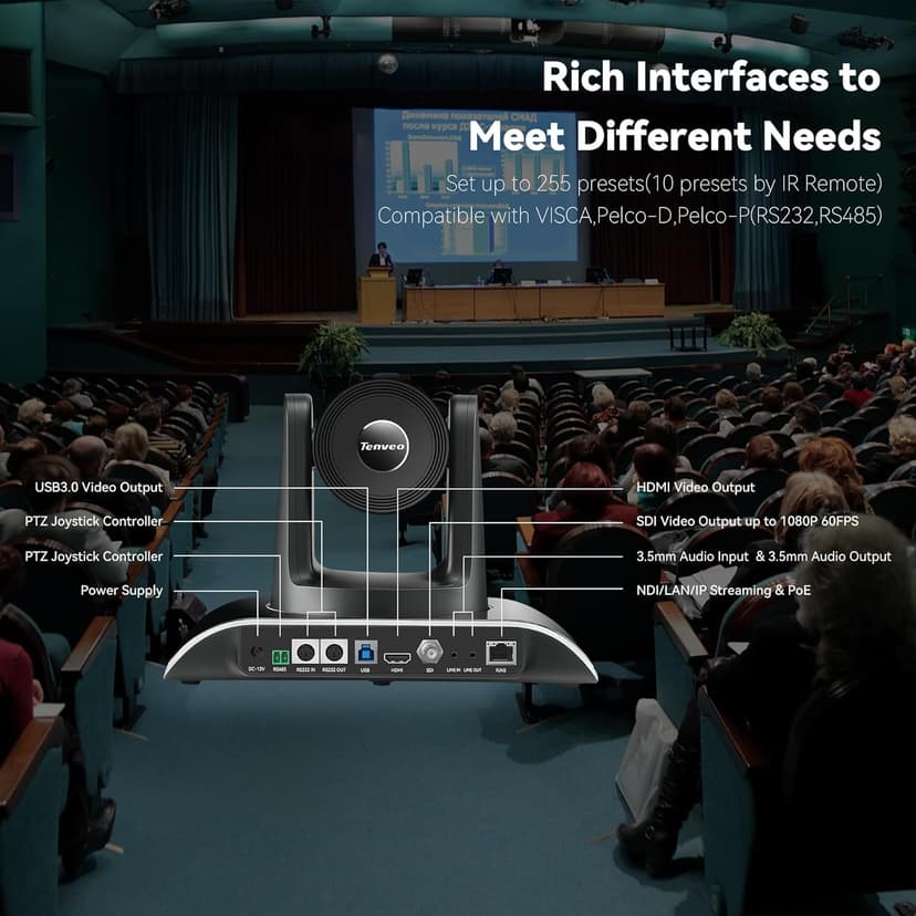 Tenveo AI Auto Tracking NDI PTZ Camera 3G-SDI/HDMI/USB3.0/LAN PoE 30X Optical+8X Digital Zoom IP Live Streaming Camera, FHD 1080P 60FPS for Church Services Worship Large Events Live Broadcast